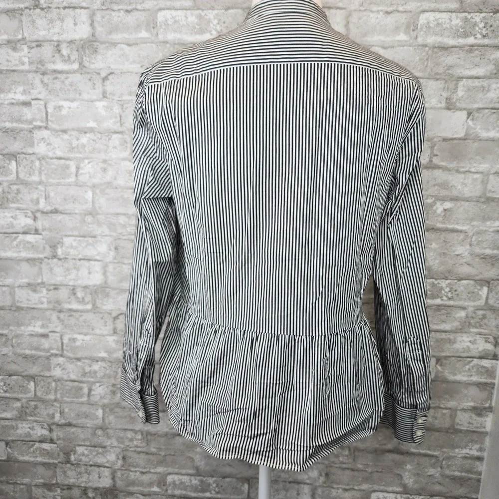 J. Crew Blouse Striped Ruffle Bottom Band Collar Navy White Preppy Size 8